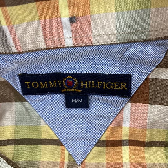 Tommy Hilfiger Shirt Men Medium M Brown Yellow Plaid Button Up Pocket Casual - Picture 4 of 11